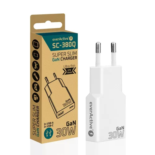Ładowarka sieciowa everActive GaN SUPER SLIM SC-380Q do telefonu / smartfona z portem USB QC3.0 i USB-C PD 30W