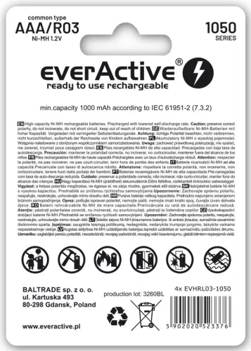 4x ładowalny everActive R03/AAA Ni-MH 1050 mAh gotowy do użycia