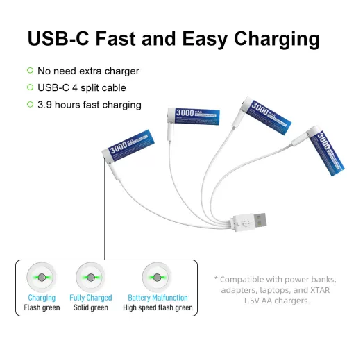XTAR 4 szt. akumulatory AA 1,5V 3000mAh z kablem USB-C