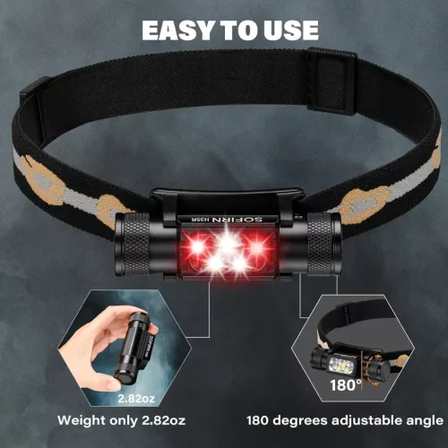 Sofirn H05B Latarka czołowa Moc 2000 lumenów 3 białe diody LED + 2 czerwone żarówki LED Typ-c Ładowana zewnętrzna lampa czołowa z IP66