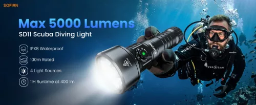 Latarka nurkowa Sofirn SD11, 5000LM, CRI 90, wodoodporna latarka akumulatorowa z czerwonym światłem 660NM, 3000K-6500K, USB-C, IPX8, z mocowaniem 1/4", smyczą, do fotografii podwodnej, wędkarstwa, prac w wodzie