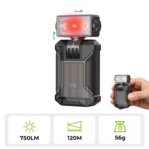 Latarka EDC z klipsem WURKKOS HD04 – 750LM, obrotowa głowica 180°, światło skupione/rozproszone/RGB do zastosowań outdoorowych, pracy i sytuacji awaryjnych